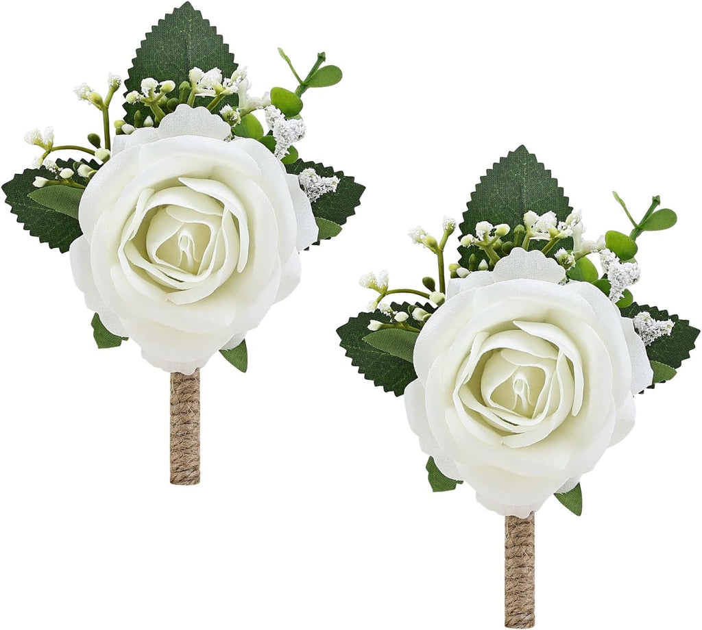 2Pcs White Rose Boutonniere for Men, Groomsmen and Groom Best Man Artificial Flower Boutonnieres Set for Rustic Wedding Anniversary Prom Homecoming Party Formal Dinner