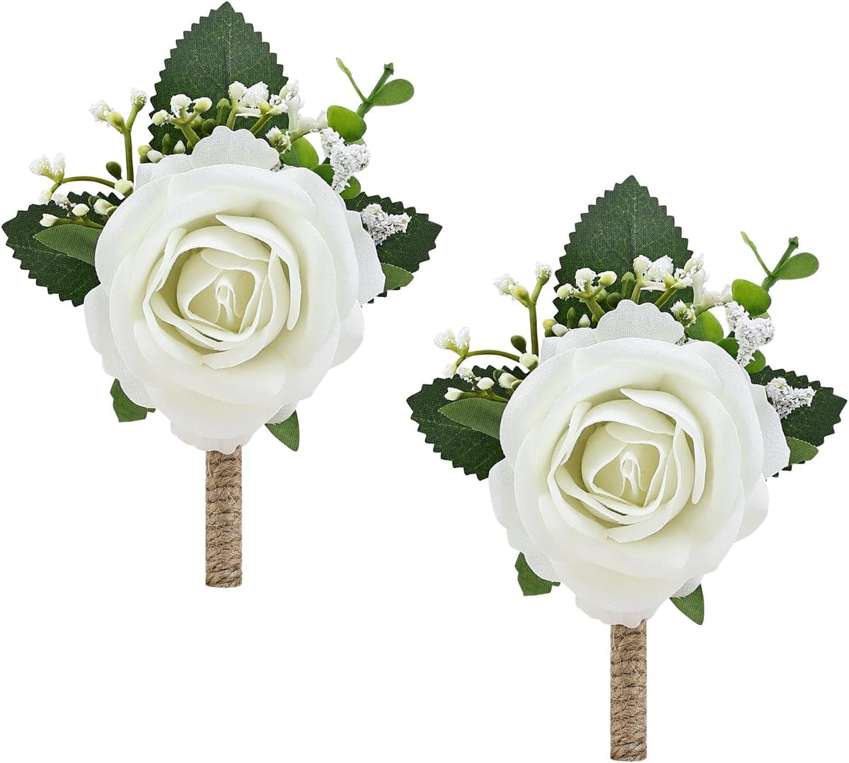 2Pcs White Rose Boutonniere for Men, Groomsmen and Groom Best Man Artificial Flower Boutonnieres Set for Rustic Wedding Anniversary Prom Homecoming Party Formal Dinner