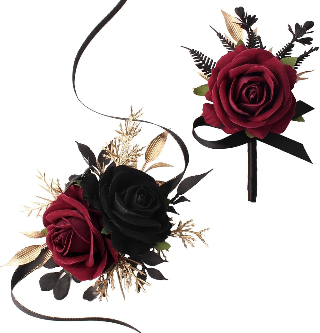 Burgundy and Black Wrist Corsage Wristlet and Boutonniere Set