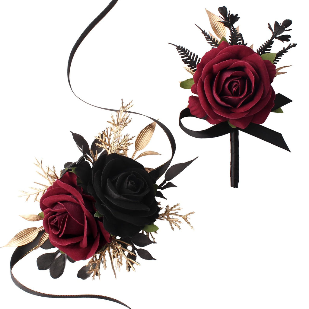 Burgundy and Black Wrist Corsage Wristlet and Boutonniere Set