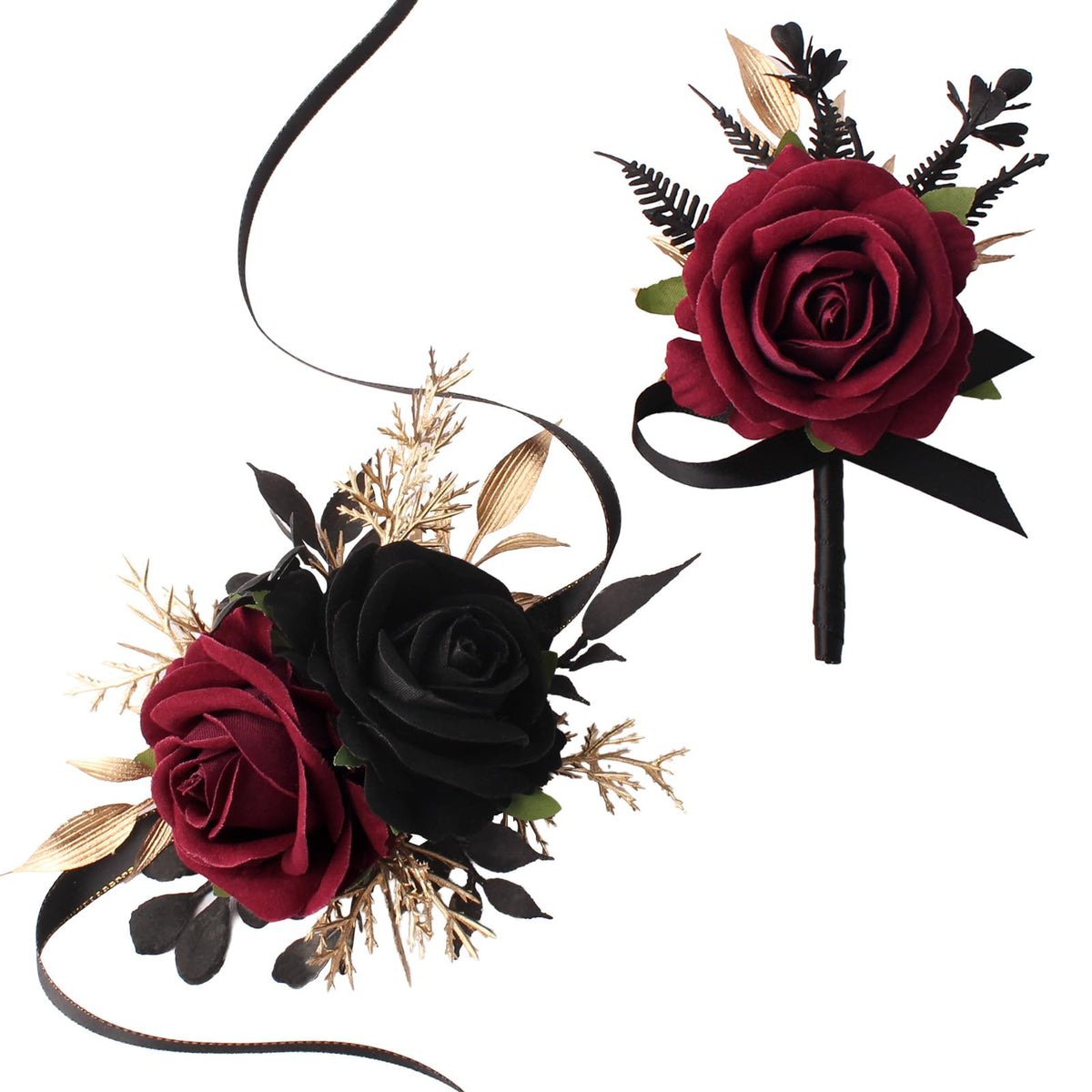 Burgundy and Black Wrist Corsage Wristlet and Boutonniere Set