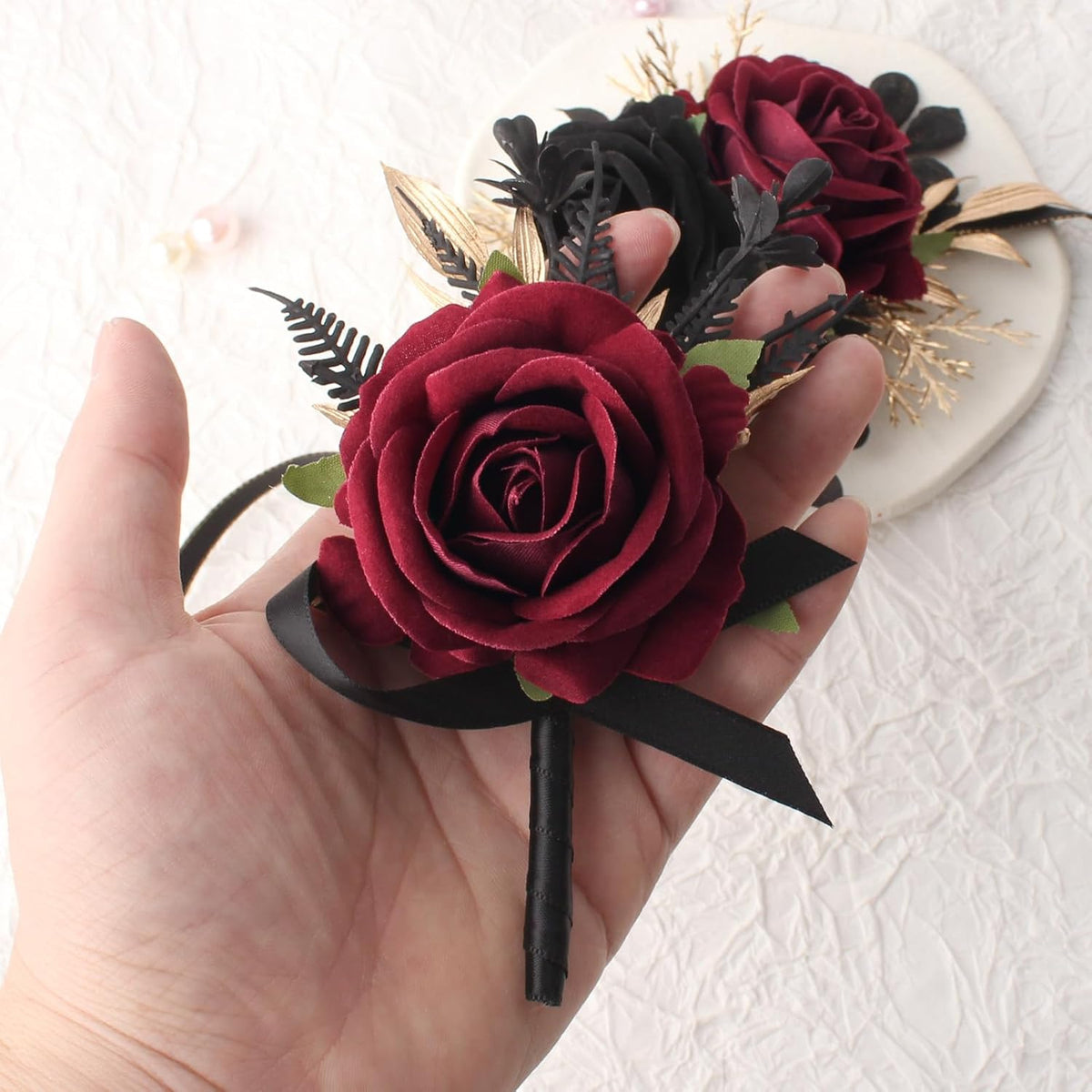 Burgundy and Black Wrist Corsage Wristlet and Boutonniere Set