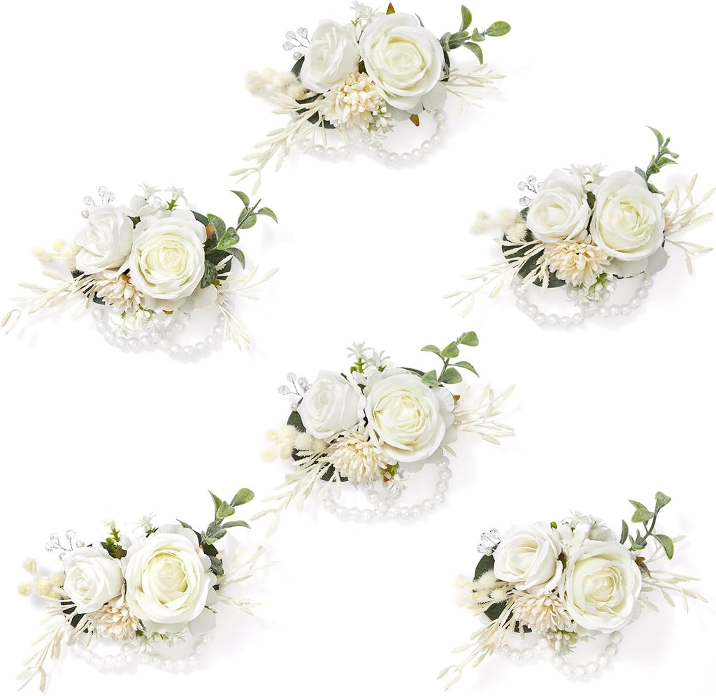 Serwalin 6 Pcs White Rose Wrist Corsage Wristlet for Wedding Prom Party