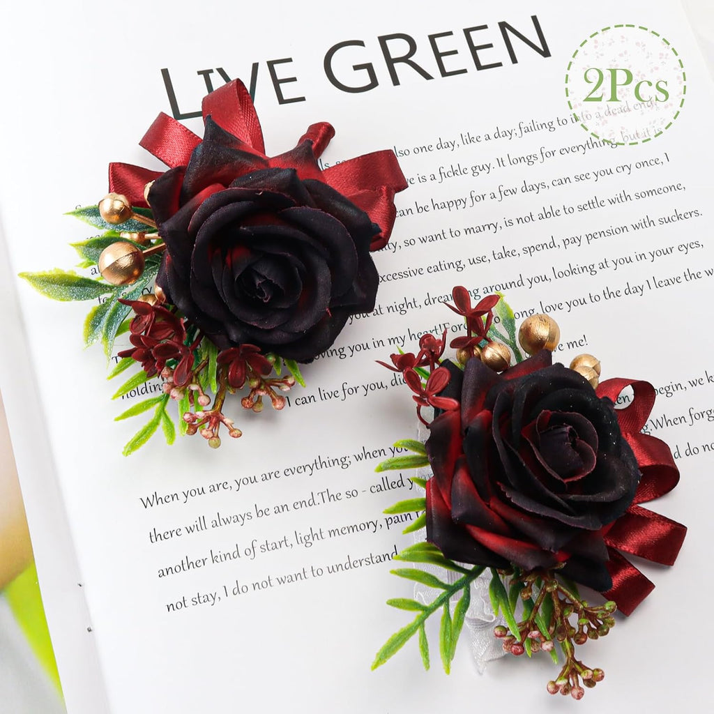 2 Pcs Wine Red Rose Corsage and Boutonniere Set for Wedding
