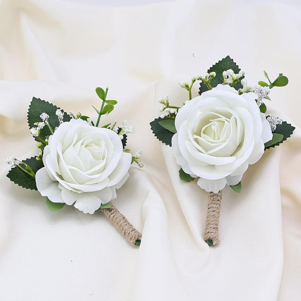 2Pcs White Rose Boutonniere for Men, Groomsmen and Groom Best Man Artificial Flower Boutonnieres Set for Rustic Wedding Anniversary Prom Homecoming Party Formal Dinner
