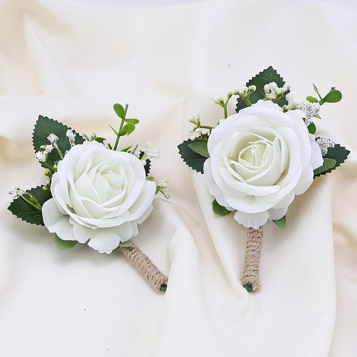 2Pcs White Rose Boutonniere for Men, Groomsmen and Groom Best Man Artificial Flower Boutonnieres Set for Rustic Wedding Anniversary Prom Homecoming Party Formal Dinner