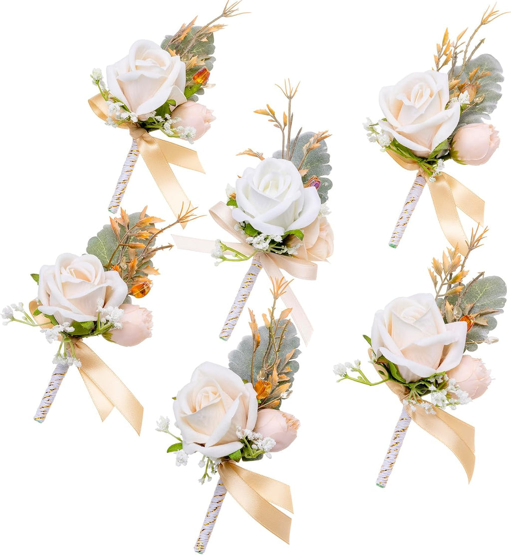 Fnize Champagne Boutonniere for Men Set of 6 Groom Groomsmen Wedding Flower