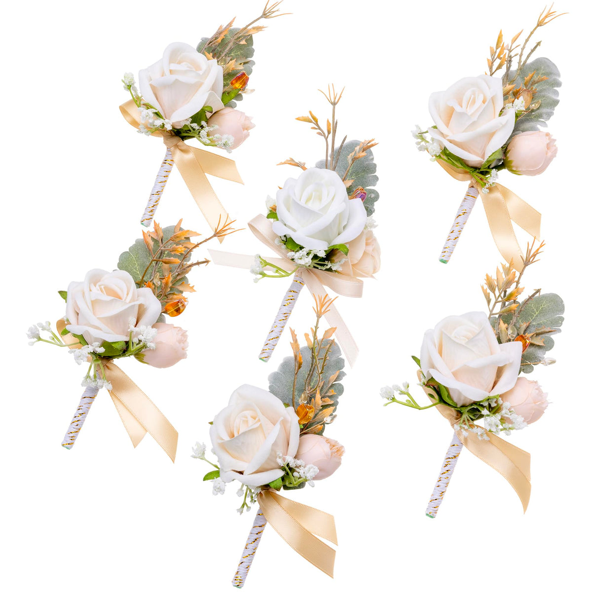 Fnize Champagne Boutonniere for Men Set of 6 Groom Groomsmen Wedding Flower