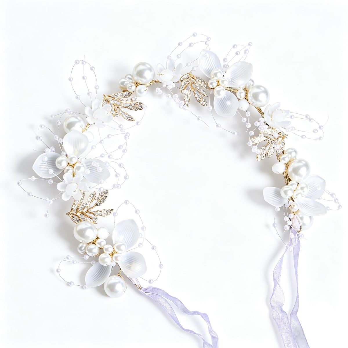 527&huan White Flowers Pearls Bridal Headband, Handmade Silver Wire Woven Wedding Hair Vine with Satin Ribbon, Lightweight Wedding Hair Accessory for Bride Flower Girl Bridesmaid Prom Pageant