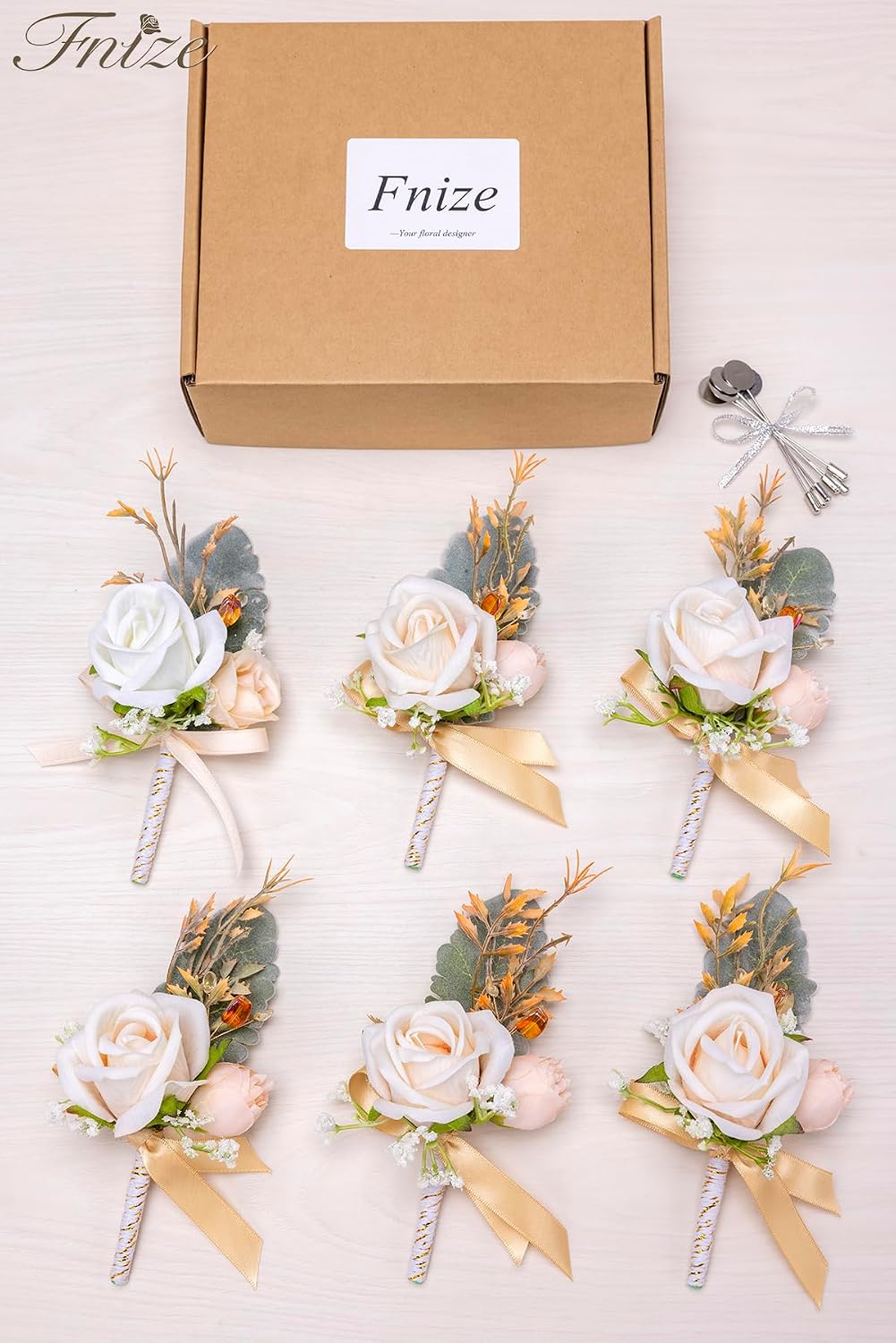 Fnize Champagne Boutonniere for Men Set of 6 Groom Groomsmen Wedding Flower