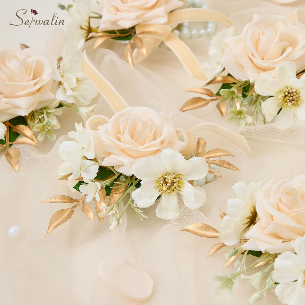Serwalin 6 Pcs Champagne Rose Wrist Corsage Wristlet for Wedding Prom Party