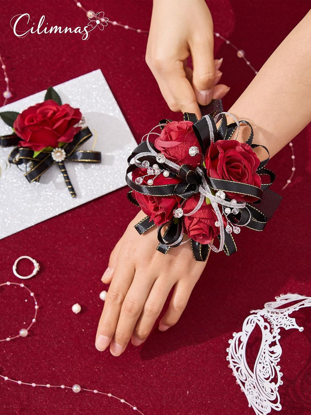 Red and Black Corsage and Boutonniere Set for Wedding Prom