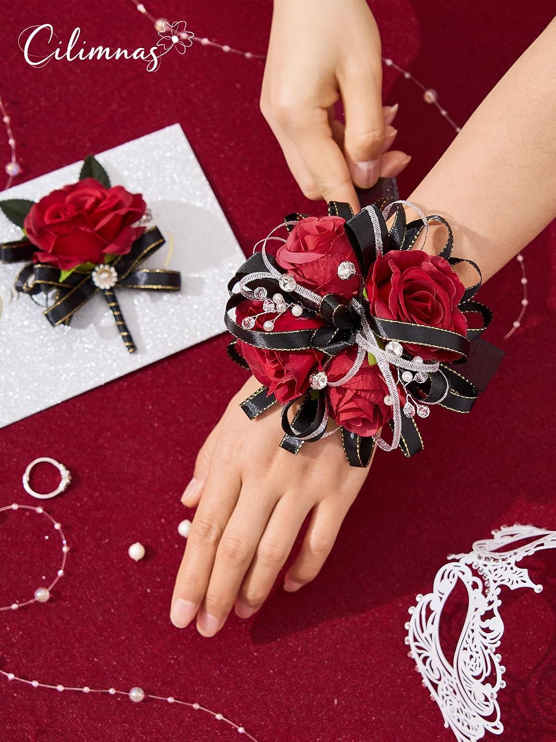Red and Black Corsage and Boutonniere Set for Wedding Prom