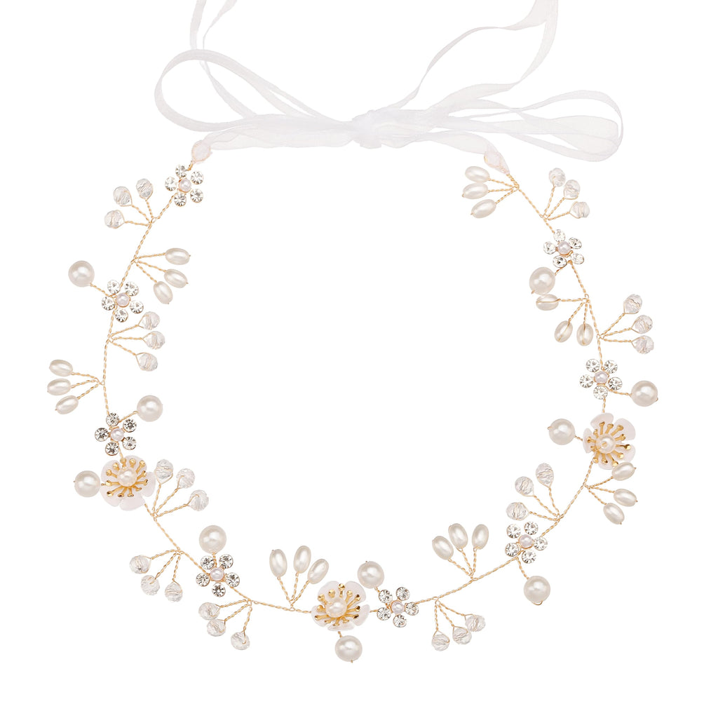 527&huan White Flowers Pearls Bridal Headband, Handmade Silver Wire Woven Wedding Hair Vine with Satin Ribbon, Lightweight Wedding Hair Accessory for Bride Flower Girl Bridesmaid Prom Pageant