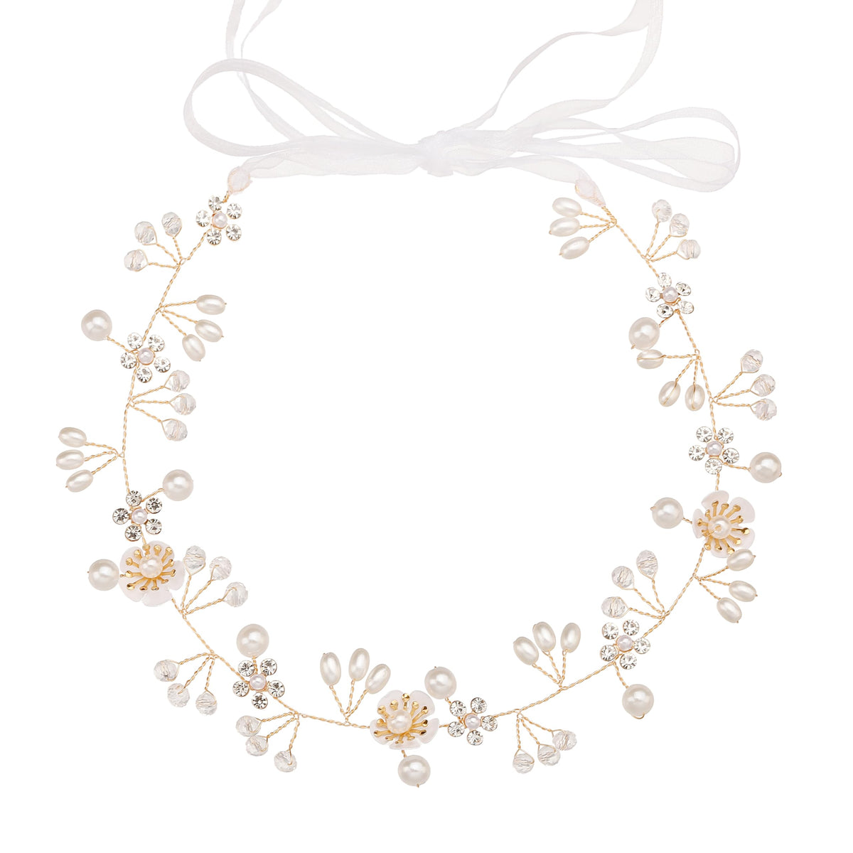 527&huan White Flowers Pearls Bridal Headband, Handmade Silver Wire Woven Wedding Hair Vine with Satin Ribbon, Lightweight Wedding Hair Accessory for Bride Flower Girl Bridesmaid Prom Pageant