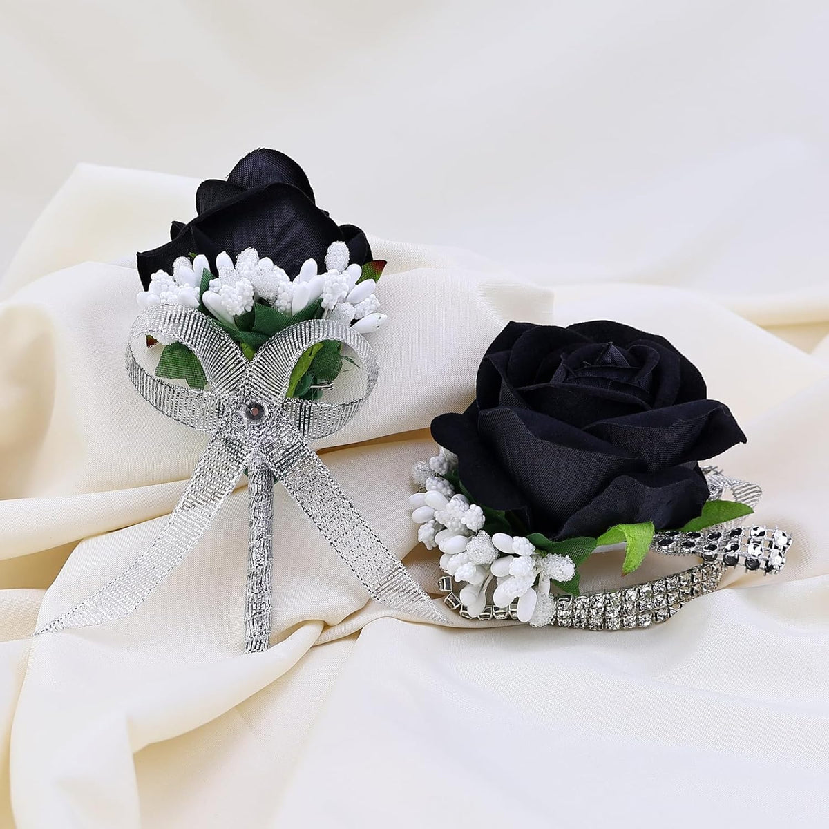 2Pcs Black Rose Corsage and Men Boutonniere Set Women Wristlet Band Wrist Bracelets, for Prom Wedding Ceremony Flowers Decorations and Homecoming Party Accessories
