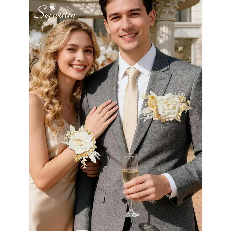 Wedding 2Pcs Pre-Made Ready-to-Use Corsage & Boutonniere Set - Pastel Soft Classic Silk Champagne Rose Wristlet Corsage, Pocket Boutonniere for Bridal Shower, Prom