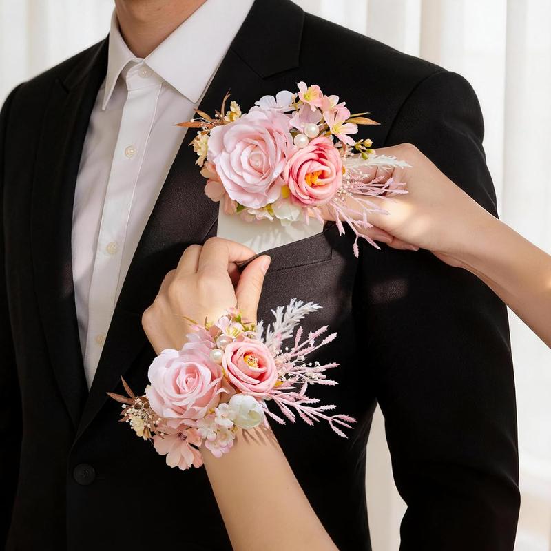 Wedding 2Pcs Pre-Made Ready-to-Use Corsage & Boutonniere Set - Pastel Soft Classic Silk Champagne Rose Wristlet Corsage, Pocket Boutonniere for Bridal Shower, Prom