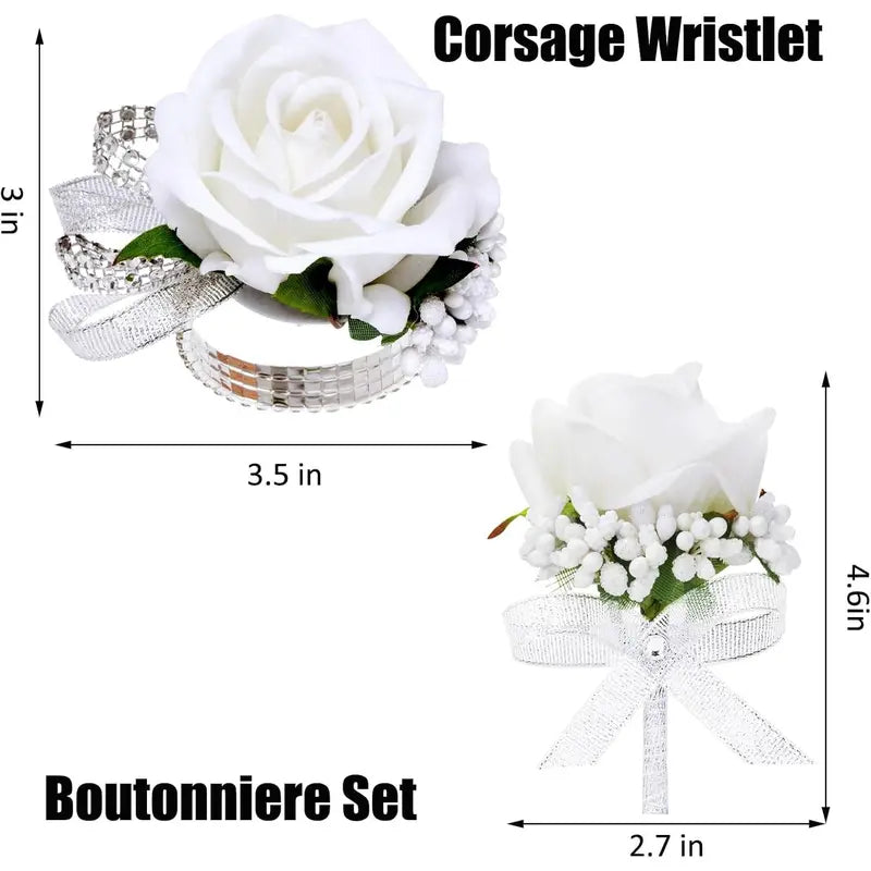 2Pcs White Rose Corsage and Boutonniere Set, Corsage Wristlet Band for Prom Decorations, Artificial Boutonniere for Men Wedding Party Suit Flower Accessories