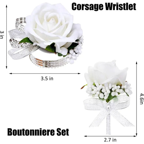 2Pcs White Rose Corsage and Boutonniere Set, Corsage Wristlet Band for Prom Decorations, Artificial Boutonniere for Men Wedding Party Suit Flower Accessories