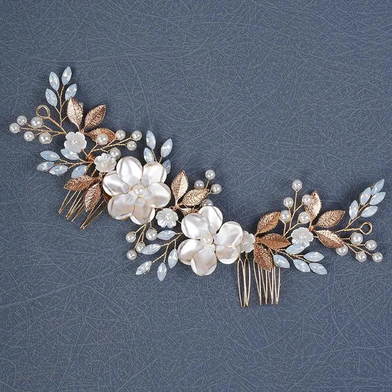 Leaf Bride Wedding Hair Comb Rhinestone Pearl Bridal Hair Pieces Flower Wedding Headpiece for Brides Crystal Hair Accessories