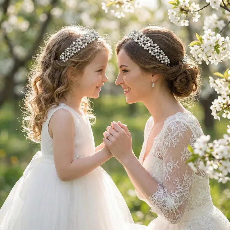 Silver Rhinestone Hair Crown with Ivory Pearl Vintage Crystal Bridal Wedding Tiara Bride Headpiece Crowns Mom-Daughter Headband
