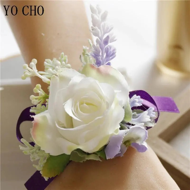Romantic Chic Purple Handmade Artificial Silk Flower Corsage & Boutonniere Set - Realistic Look, Long-Lasting, All Year Beautiful Romantic Fashion Wrist Bracelet & Brooch Jewelry for Bride, Birthday Gifts, Party Decoration
