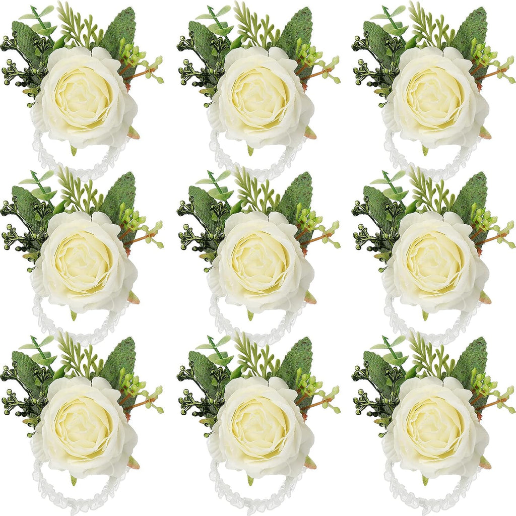 Jexine 12 Pcs Rose Wrist Corsage Bracelet Wedding Bridal, White Elegant