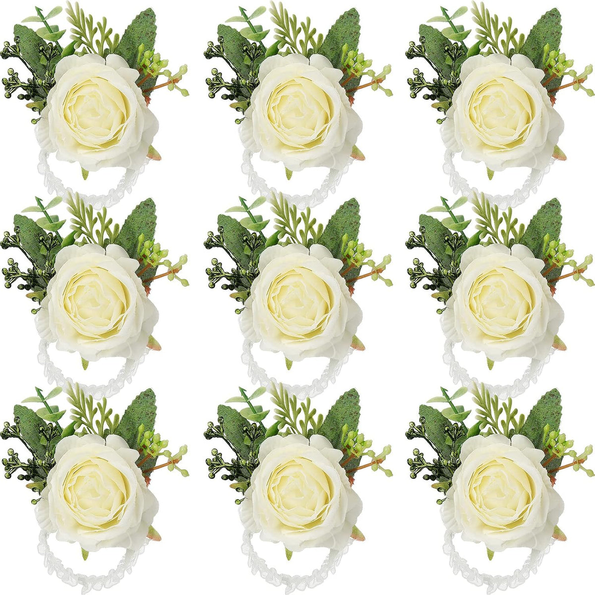 Jexine 12 Pcs Rose Wrist Corsage Bracelet Wedding Bridal, White Elegant