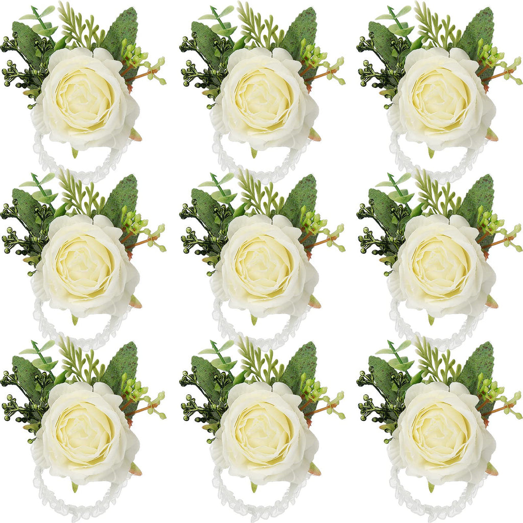 Jexine 12 Pcs Rose Wrist Corsage Bracelet Wedding Bridal, White Elegant