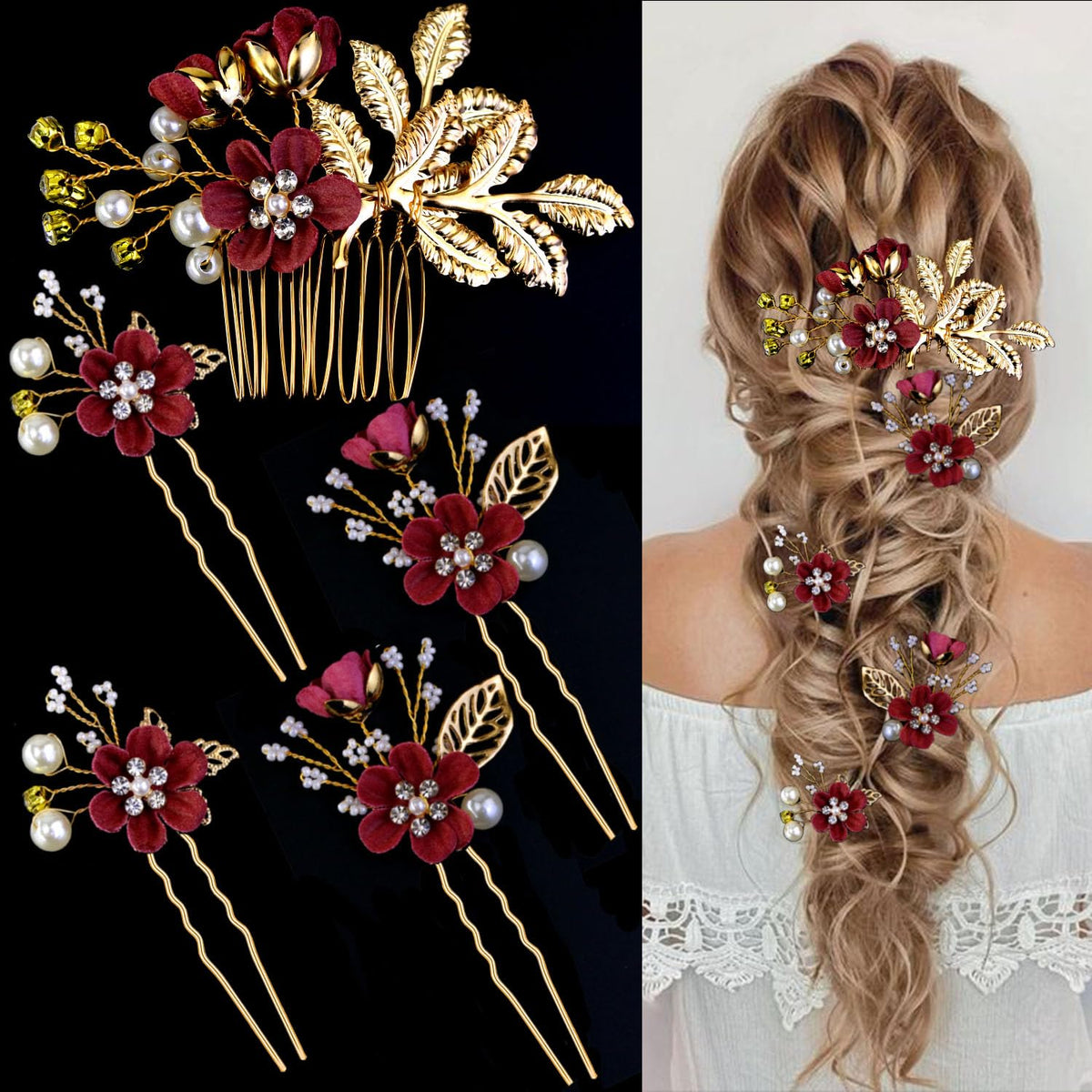 5 PCS Bridal Flower Wedding Hair Pins Crystal Pearl Hair Clips Headpiece Gold Wedding Hair Accessories Jewelry with Rhinestone for Brides Bridesmaids Women Girls Updo, Special Cream Blue