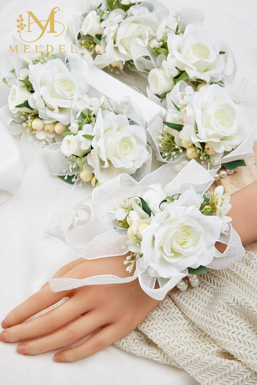 6Pcs White Artificial Silk Rose Wrist Corsages Wedding Prom