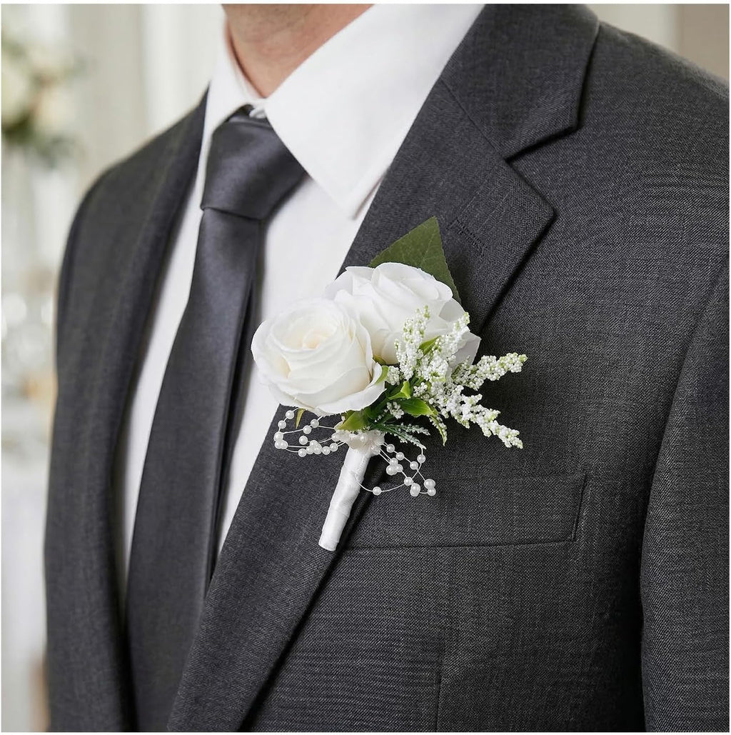 Wedding Flower Boutonniere Suit Decoration for Groom Bride Groomsmen Bridesmaids for Wedding Ceremony Anniversary Dinner Party (White)