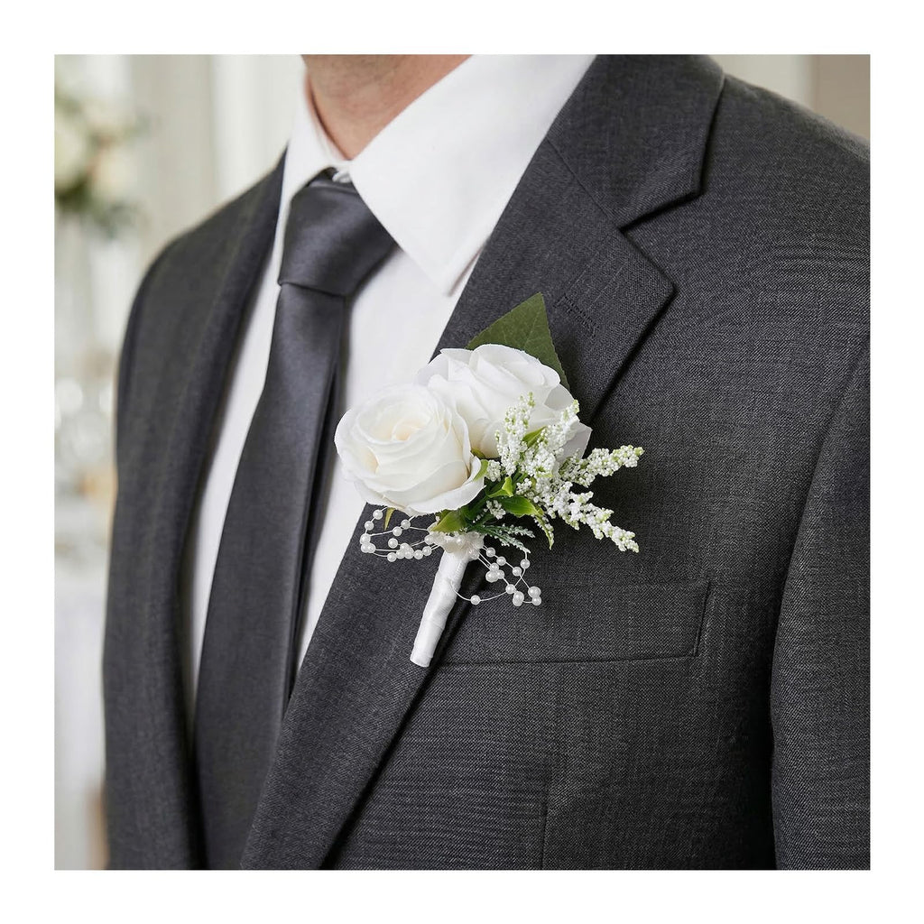 Wedding Flower Boutonniere Suit Decoration for Groom Bride Groomsmen Bridesmaids for Wedding Ceremony Anniversary Dinner Party (White)