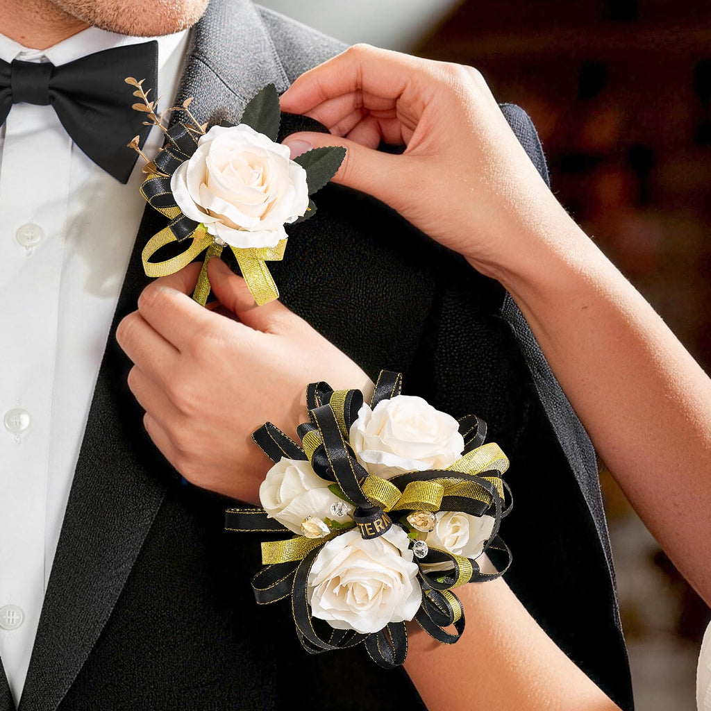 Red and Black Corsage and Boutonniere Set for Wedding Prom