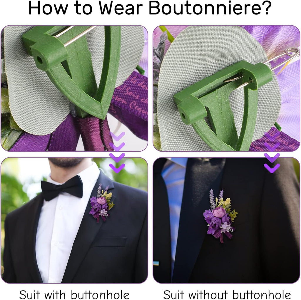 Wrist Corsage and Boutonniere Set, 1 Set Small Rose Purple Hand Flower for Prom Artificial Wedding Wrist Corsage for Wedding Party Prom