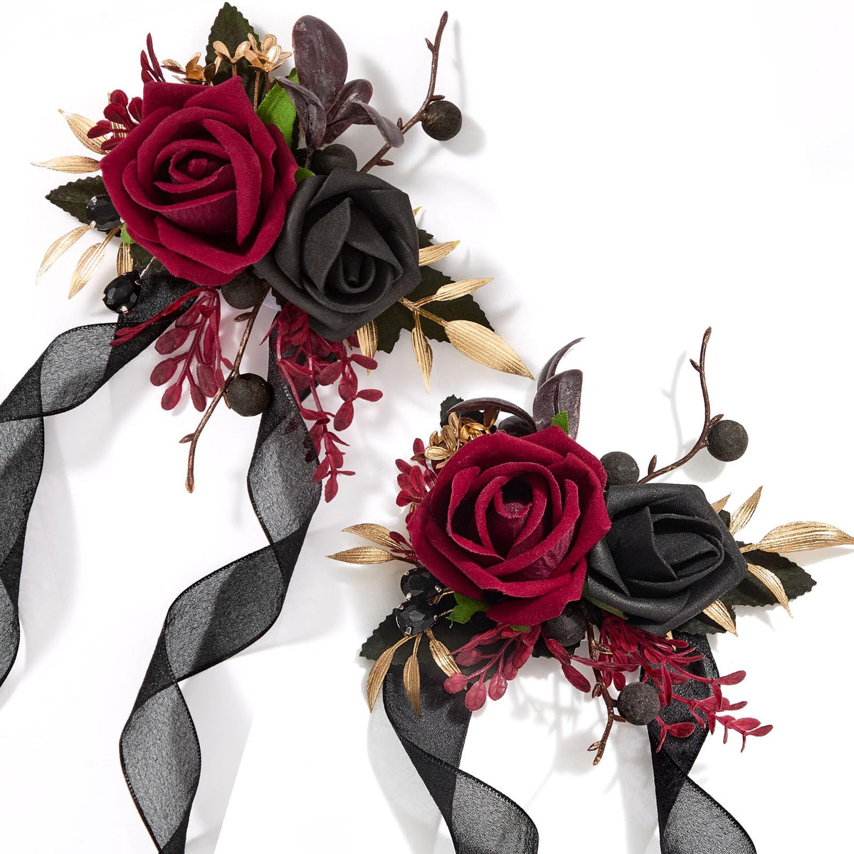 Alecono Burgundy Corsage and Boutonniere Set Red Black Rose Wristlet
