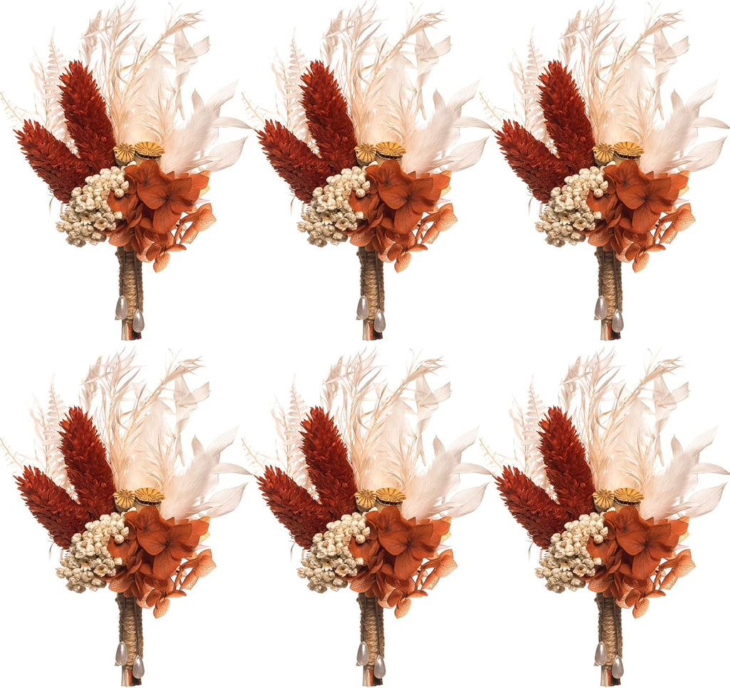 Fall Dried Flower Boutonniere 6-Piece Set for Men's Boho Wedding Boutonniere,Rustic Groom Best Man Anniversary Decoration (Terracotta)
