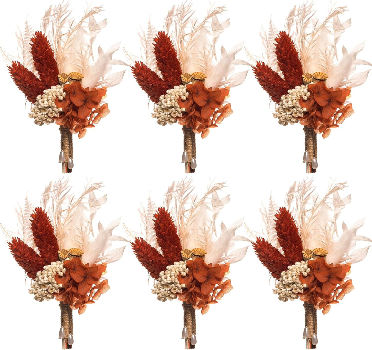 Fall Dried Flower Boutonniere 6-Piece Set for Men's Boho Wedding Boutonniere,Rustic Groom Best Man Anniversary Decoration (Terracotta)