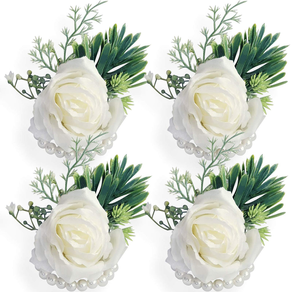 White Rose Wrist Flowers and Men's Corsage Wedding Flowers Ceremony,2Pcs Boutonniere Buttonholes and Wrist Corsage Wristband Roses Wrist Corsage (2pcs White Wrist Corsages)