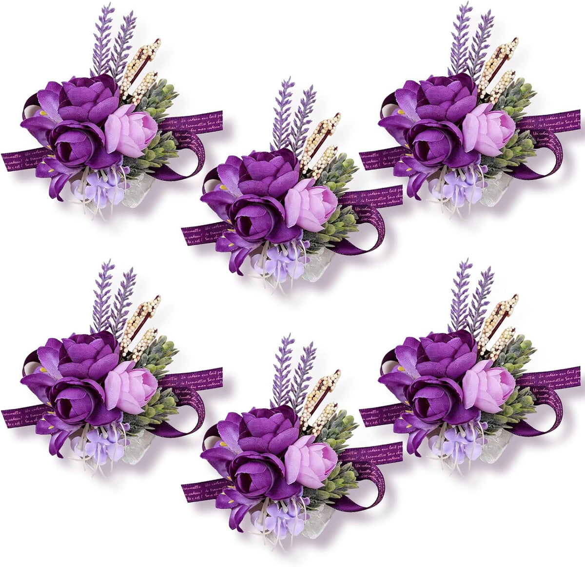 Lavender Purple Faux Wrist Corsages, Set of 6, for Bride Wedding