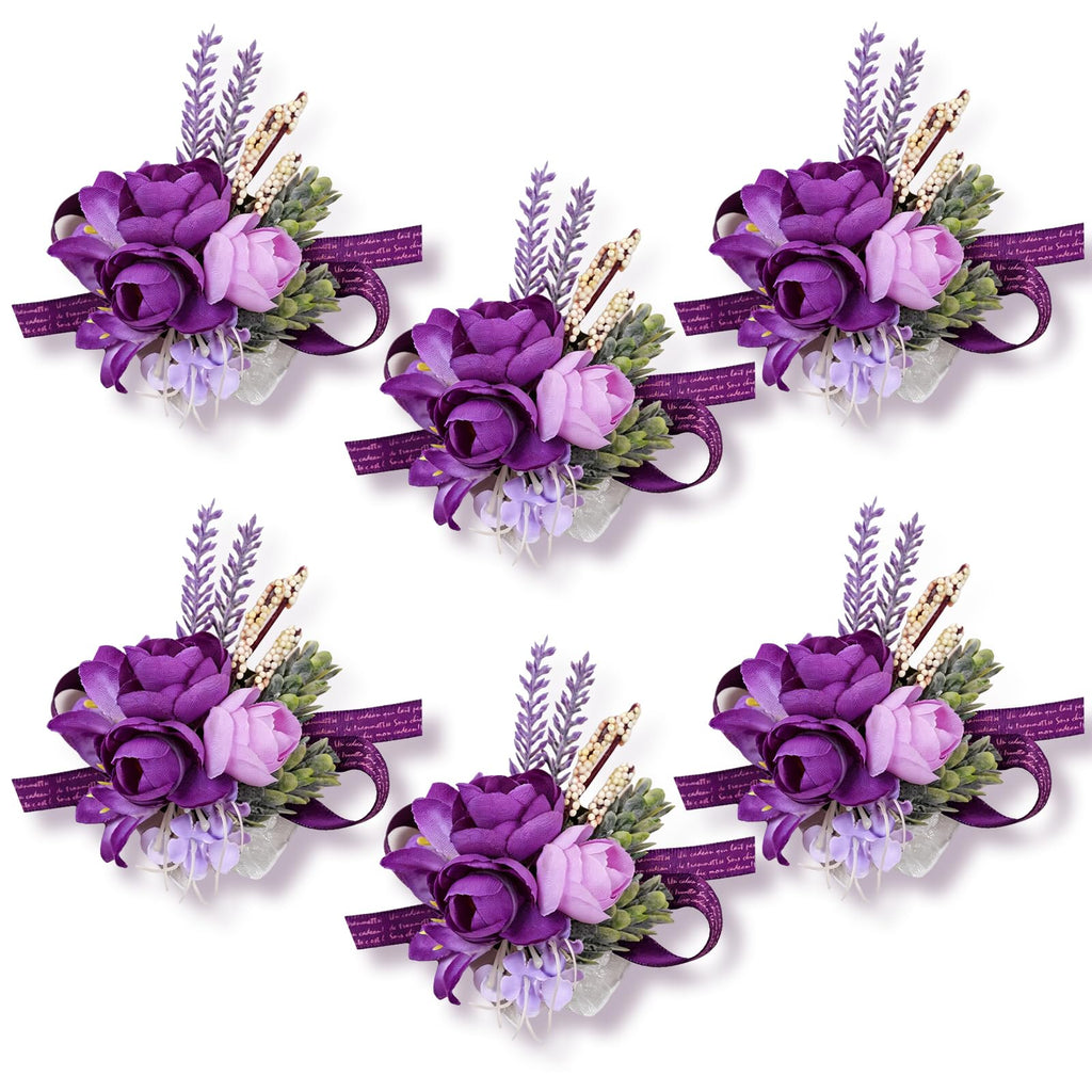 Lavender Purple Faux Wrist Corsages, Set of 6, for Bride Wedding