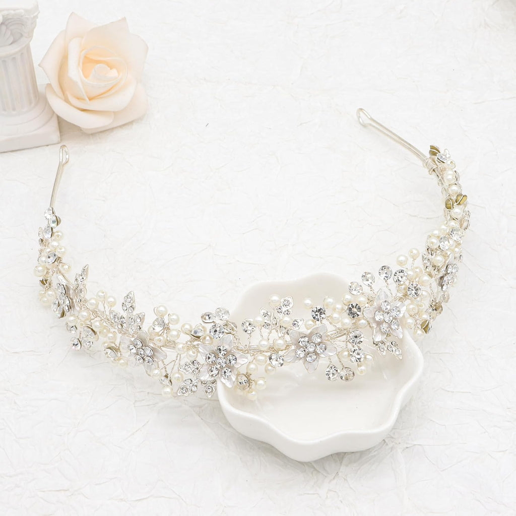 Oriamour Wedding Headbands Bridal Pearl and Crystal Floral Hair Accessories Bridal Headpieces For Bride Women Party Prom (Silver, 18'')