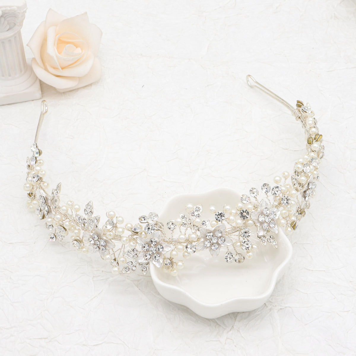 Oriamour Wedding Headbands Bridal Pearl and Crystal Floral Hair Accessories Bridal Headpieces For Bride Women Party Prom (Silver, 18'')