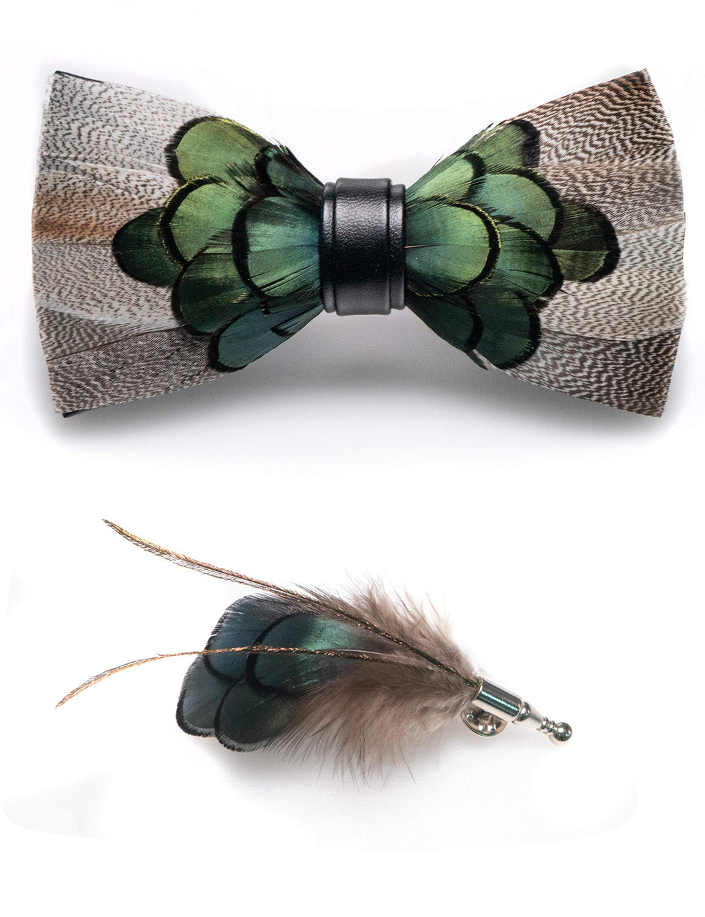 RBOCOTT Handmade Feather Pre-tied Bow tie and Brooch Sets for Men