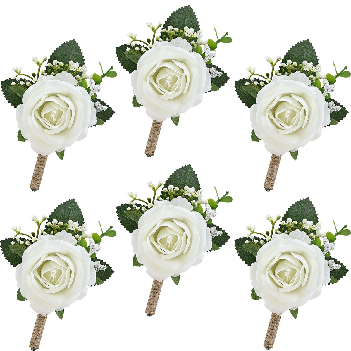 2Pcs White Rose Boutonniere for Men, Groomsmen and Groom Best Man Artificial Flower Boutonnieres Set for Rustic Wedding Anniversary Prom Homecoming Party Formal Dinner