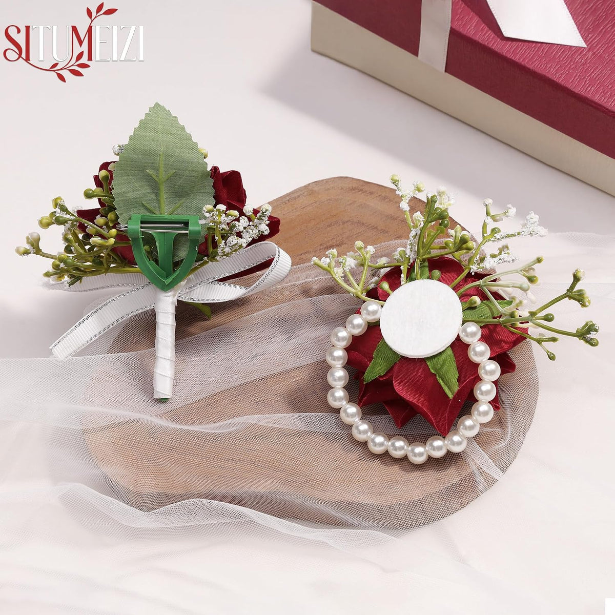 SITUMEIZI 2Pcs Red Rose Wrist Corsage and Boutonniere Set for Prom Decor