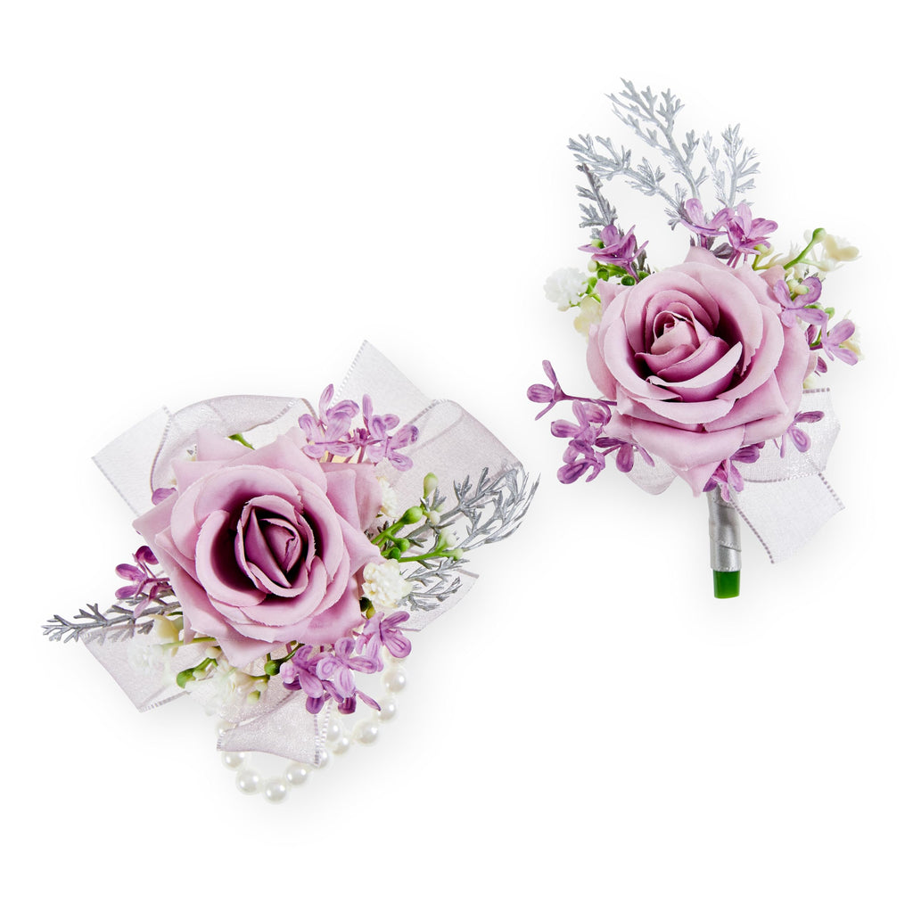 2 Pcs Purple Wrist Corsage and Boutonniere Set