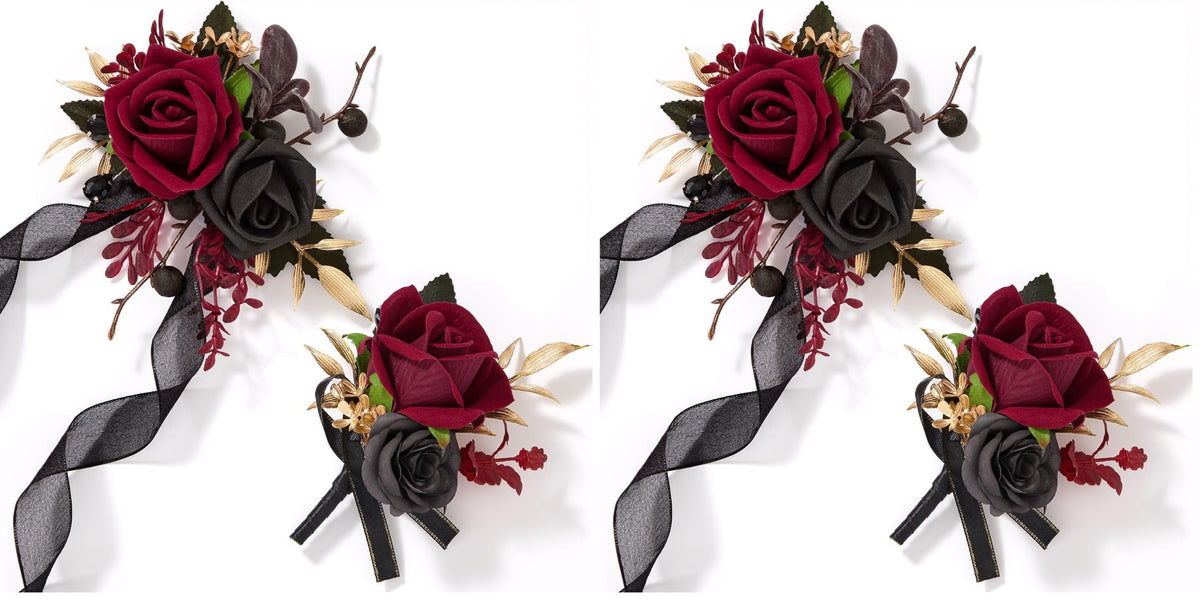 Alecono Burgundy Corsage and Boutonniere Set Red Black Rose Wristlet