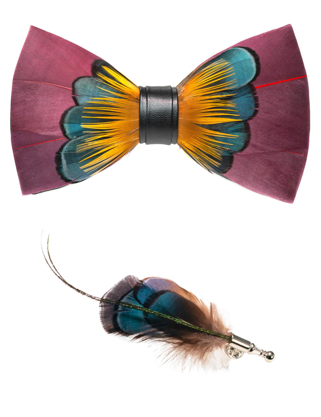 RBOCOTT Handmade Feather Pre-tied Bow tie and Brooch Sets for Men